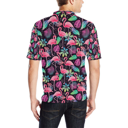 Flamingo Tropical leaves Neon Print Men Polo Shirt