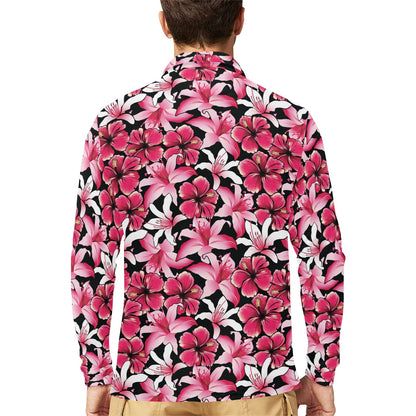 Flower Hawaiian Pink Red Hibiscus Print Long Sleeve Polo Shirt For Men's