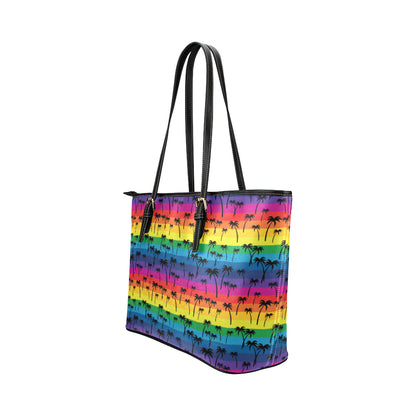 Palm Tree Rainbow Themed Print Leather Tote Bag