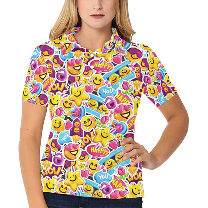 Emoji Sticker Print Pattern Women's Polo Shirt