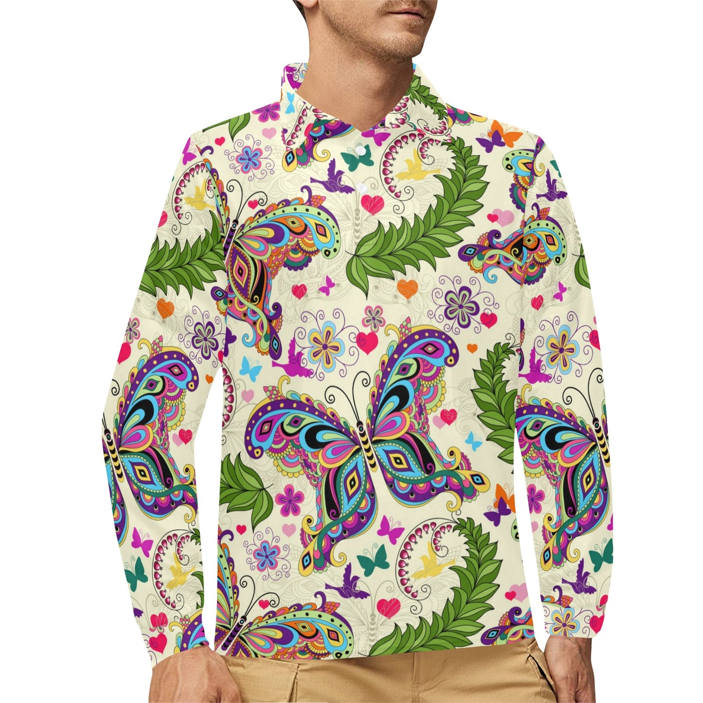 Butterfly Colorful Indian Style Long Sleeve Polo Shirt For Men's