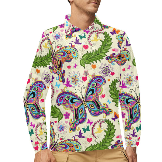 Butterfly Colorful Indian Style Long Sleeve Polo Shirt For Men's
