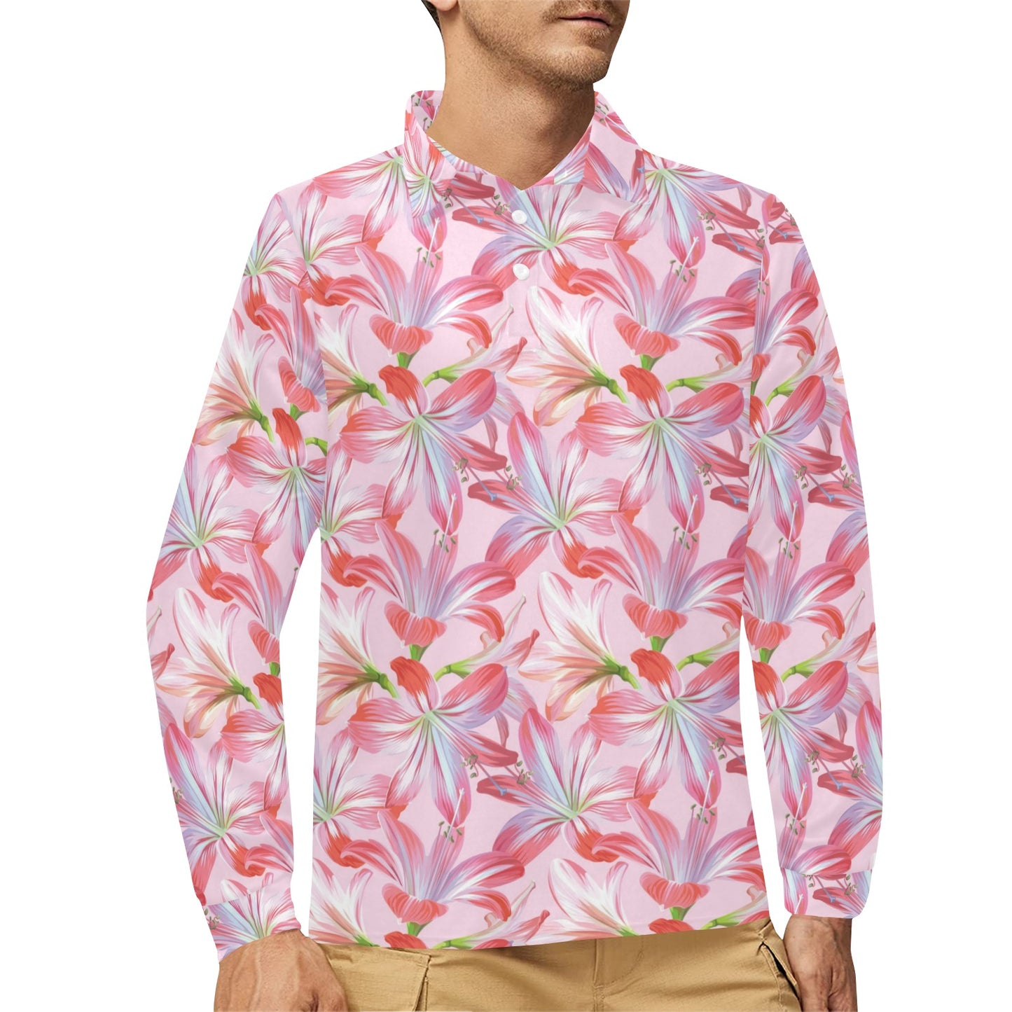 Amaryllis Pattern Print Design 02 Long Sleeve Polo Shirt For Men's