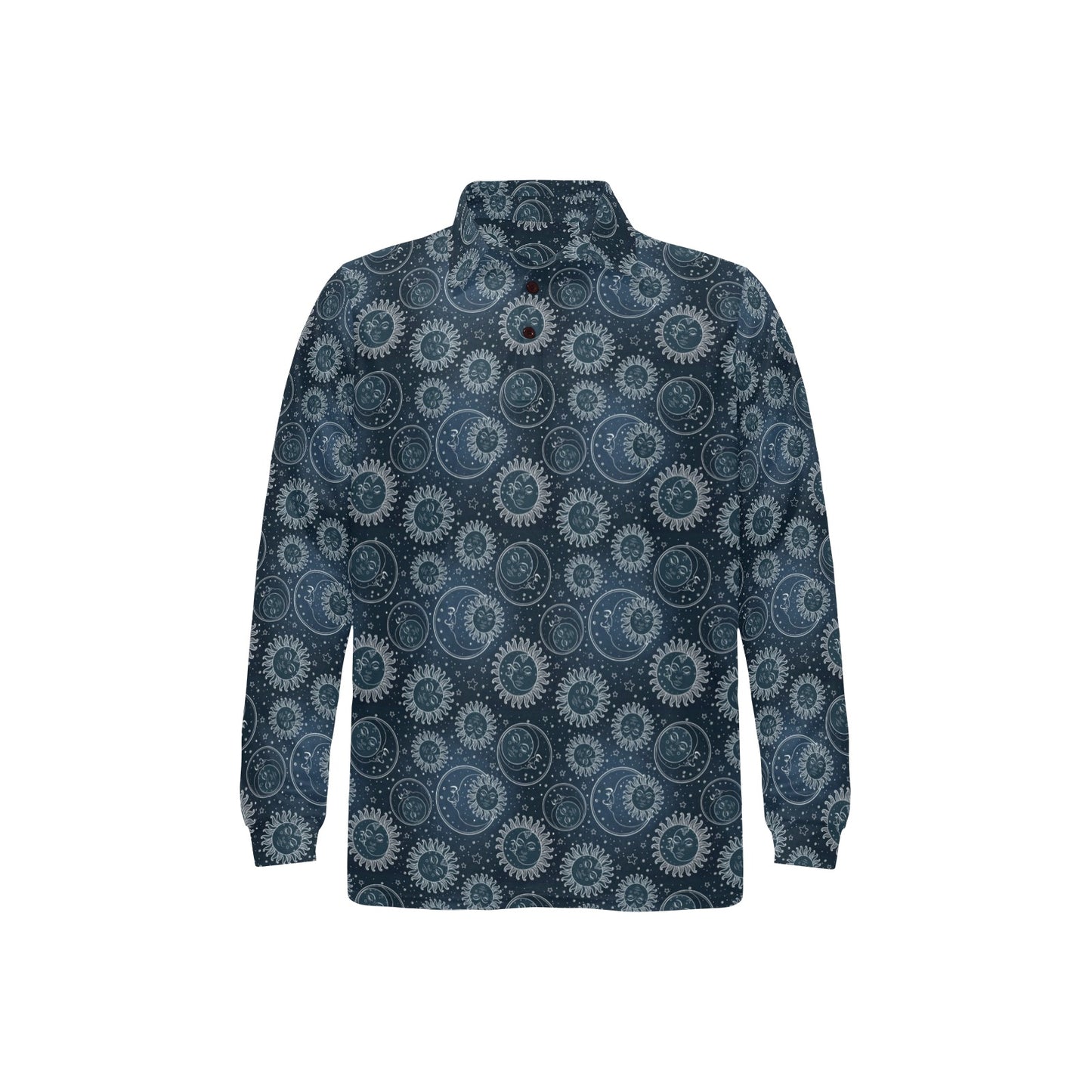 Sun Moon Tattoo Design Themed Print Long Sleeve Polo Shirt For Men's