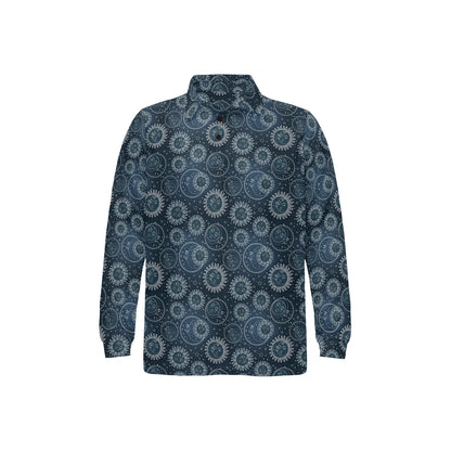 Sun Moon Tattoo Design Themed Print Long Sleeve Polo Shirt For Men's