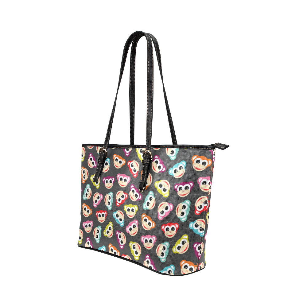 Monkey Head Design Themed Print Leather Tote Bag