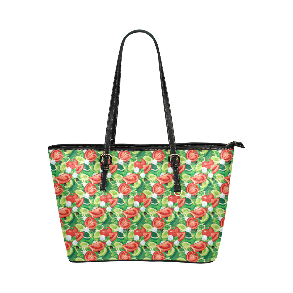 Vegan Salad Themed Design Print Leather Tote Bag