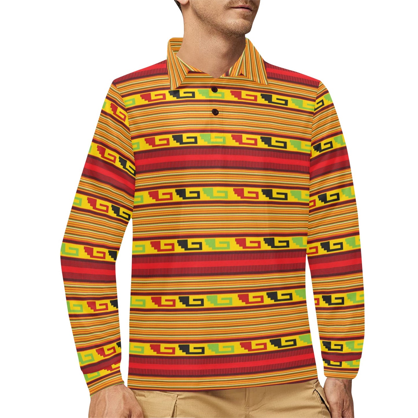 Mexican Blanket Ornament Print Pattern Long Sleeve Polo Shirt For Men's