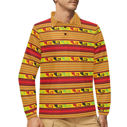 Mexican Blanket Ornament Print Pattern Long Sleeve Polo Shirt For Men's