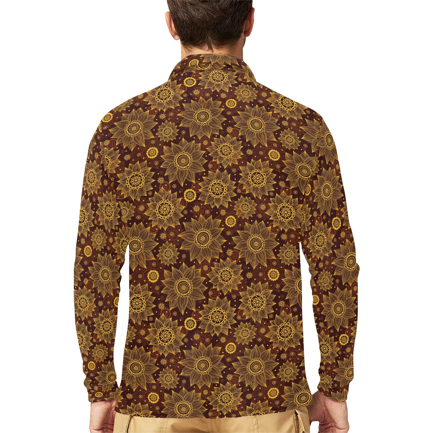 Gold Sunflower Hand Drawn Print Long Sleeve Polo Shirt For Men's