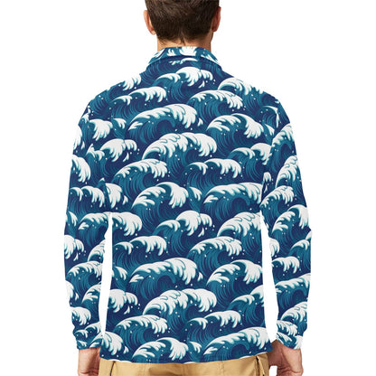 Ocean Wave Pattern Print Long Sleeve Polo Shirt For Men's