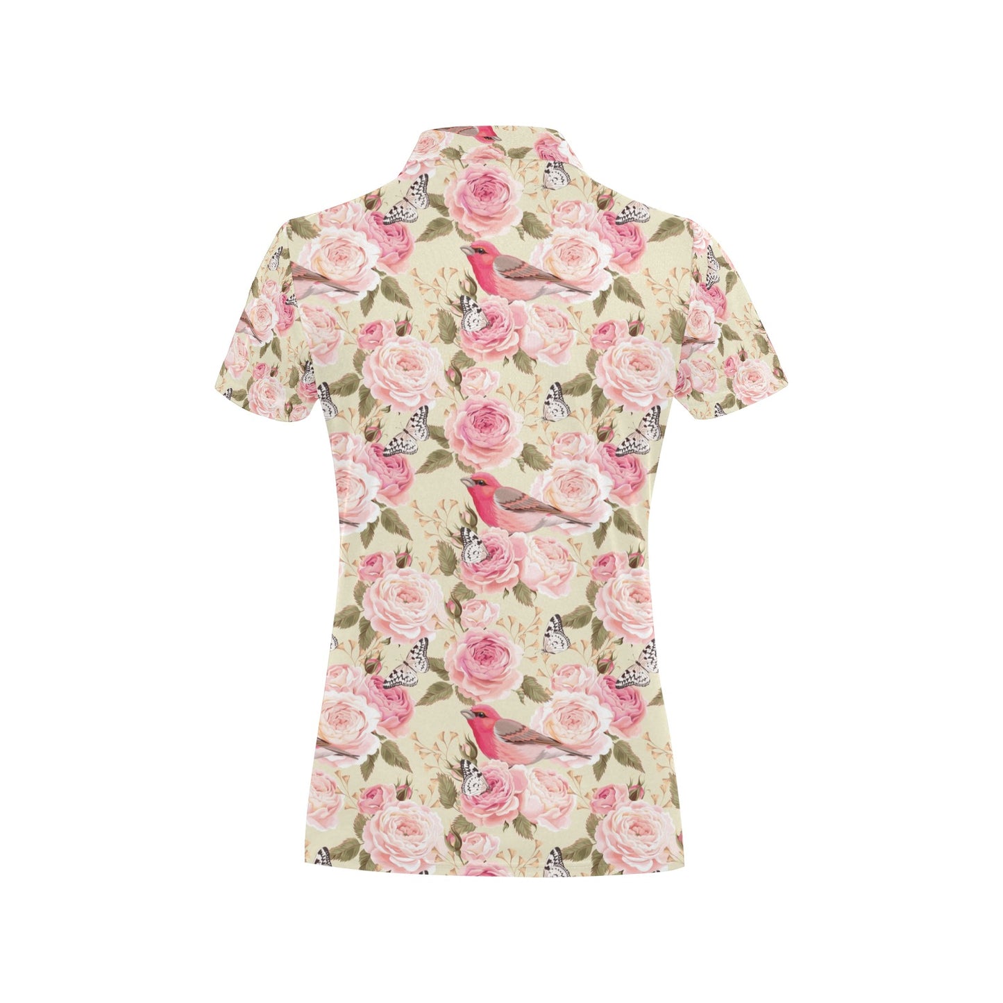 Bird Butterfly Pink Flower Print Pattern Women's Polo Shirt