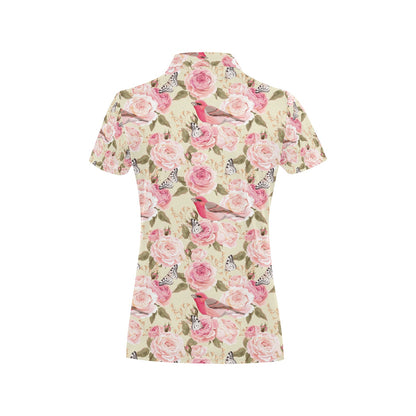 Bird Butterfly Pink Flower Print Pattern Women's Polo Shirt