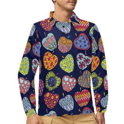 Apple Pattern Print Design AP05 Long Sleeve Polo Shirt For Men's