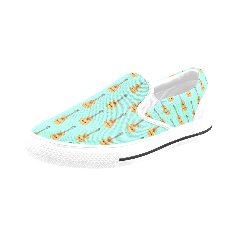 Acoustic Guitar Print Design LKS403 White Slip Ons Canvas Women's Shoes