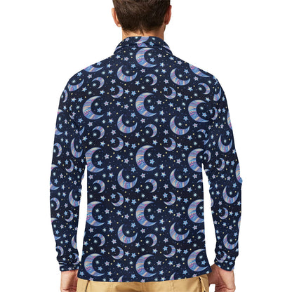 Celestial Moon Pattern Print Design 03 Long Sleeve Polo Shirt For Men's