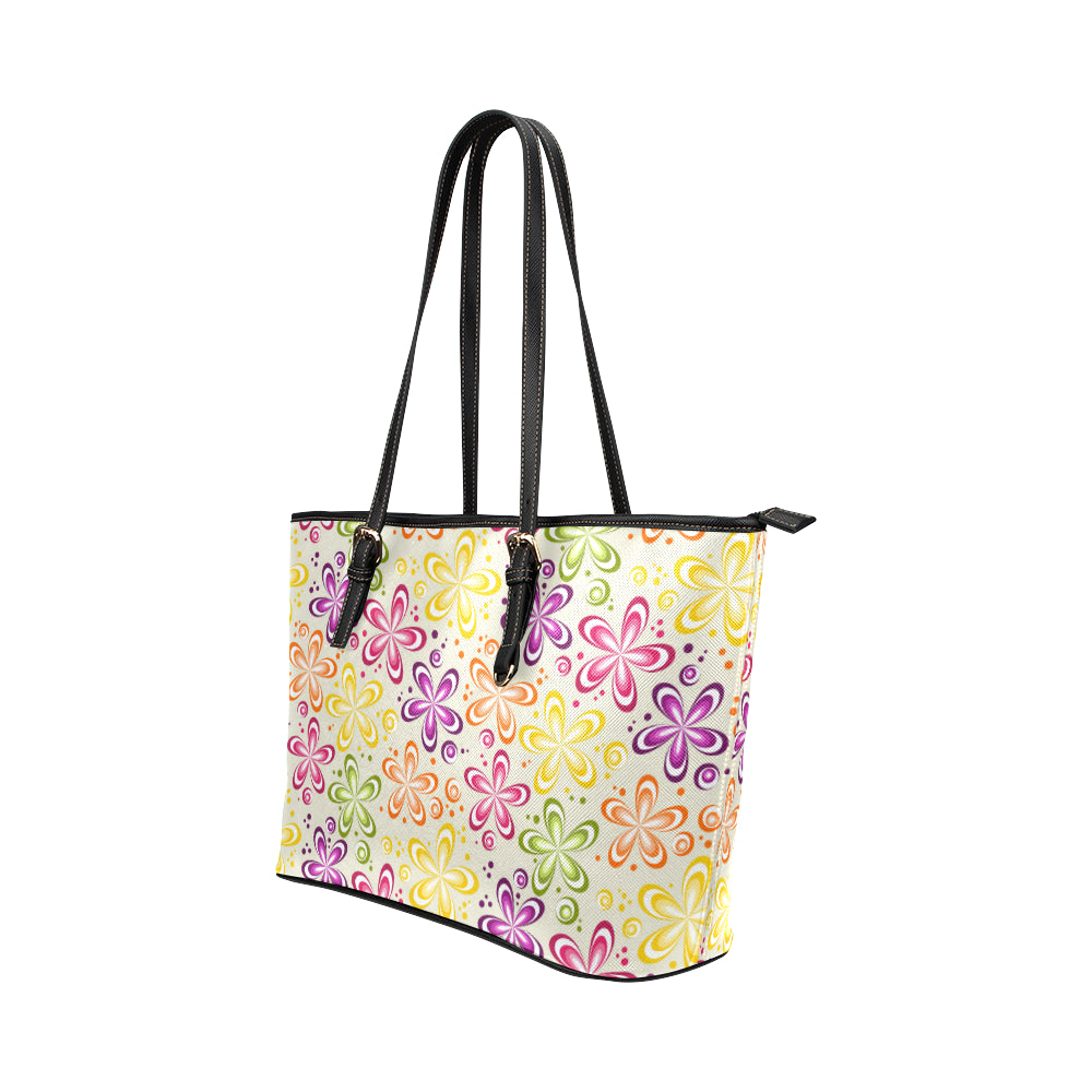 Flower Power Colorful Design Print Leather Tote Bag