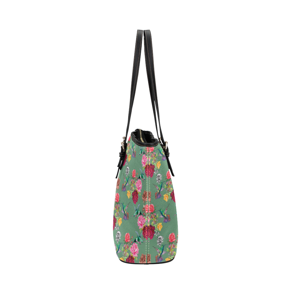 Hummingbird with Rose Themed Print Leather Tote Bag