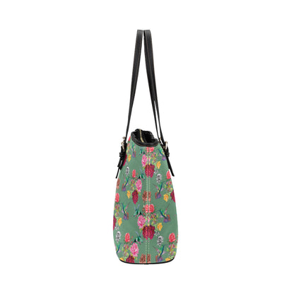 Hummingbird with Rose Themed Print Leather Tote Bag