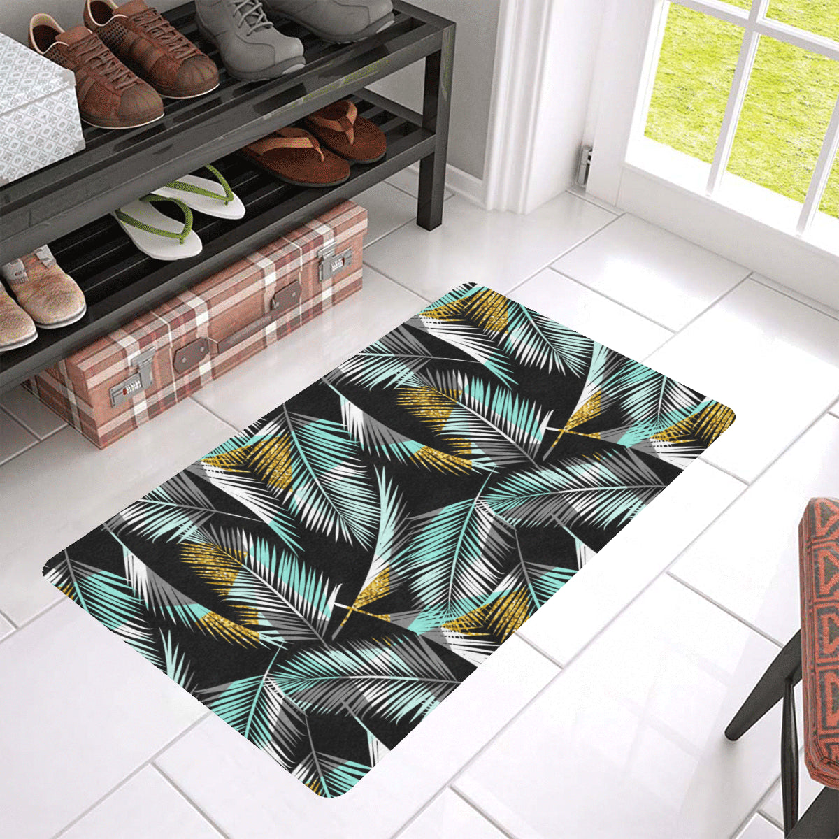 Gold Glitter Cyan Tropical Palm Leaves Rubber Doormat