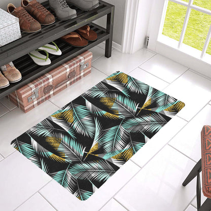 Gold Glitter Cyan Tropical Palm Leaves Rubber Doormat