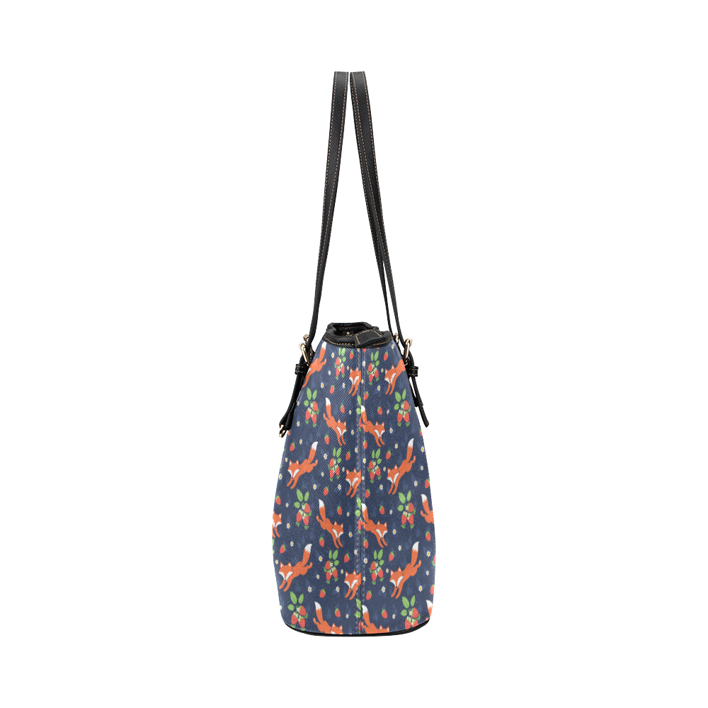 Fox Strawberry Print Pattern Leather Tote Bag