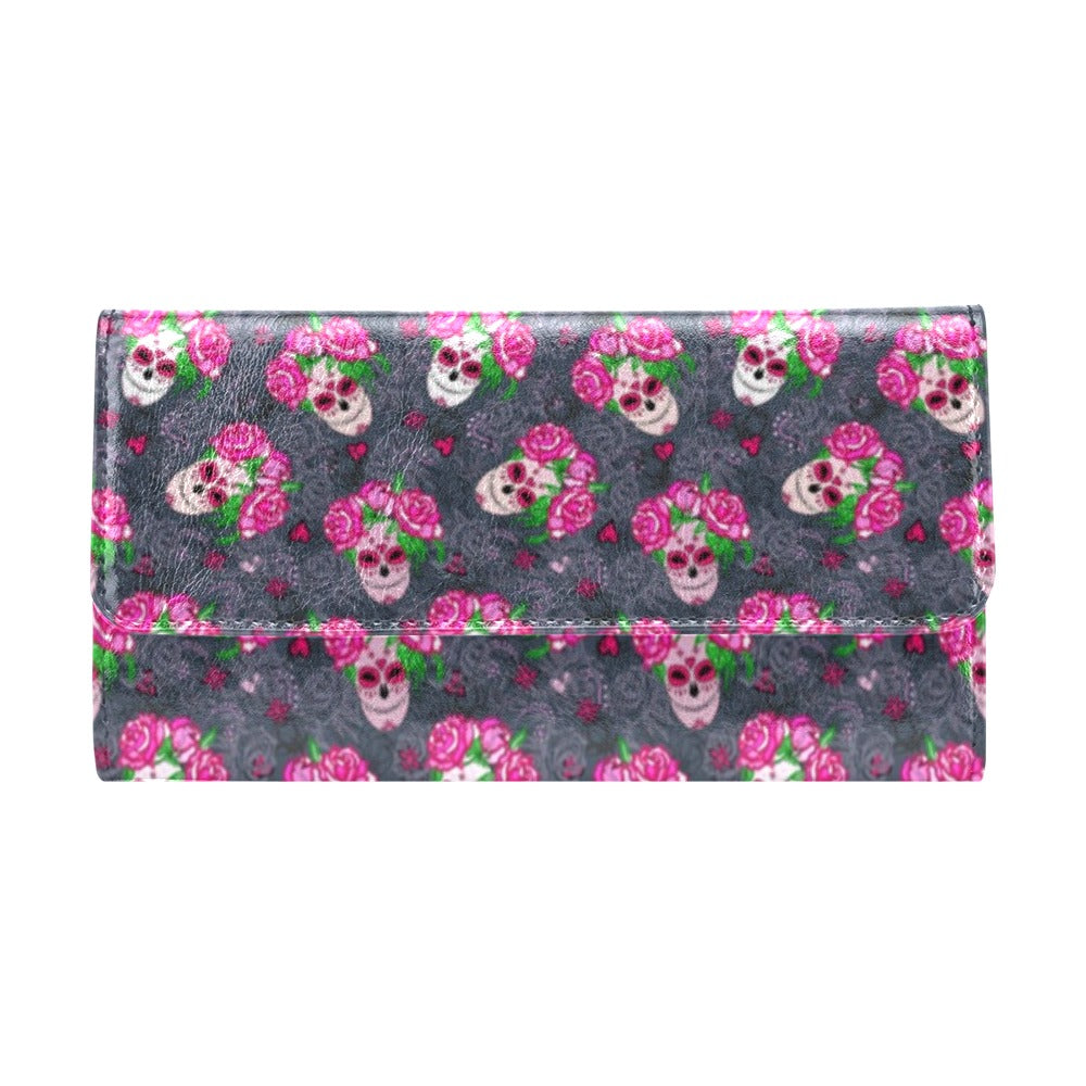 Sugar Skull Pink Rose Themed Print Women's Trifold Wallet