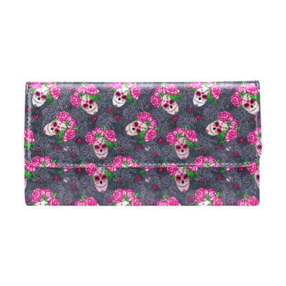 Sugar Skull Pink Rose Themed Print Women's Trifold Wallet
