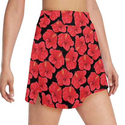 Hibiscus Red Pattern Print Design LKS306 17" Golf & Pickleball Skort with Pockets