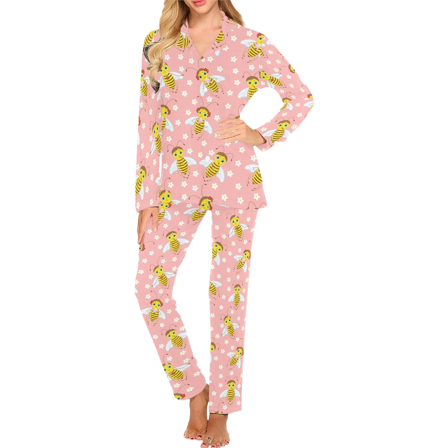 Bee Pattern Print Design BEE07 Women's Long Pajama Set