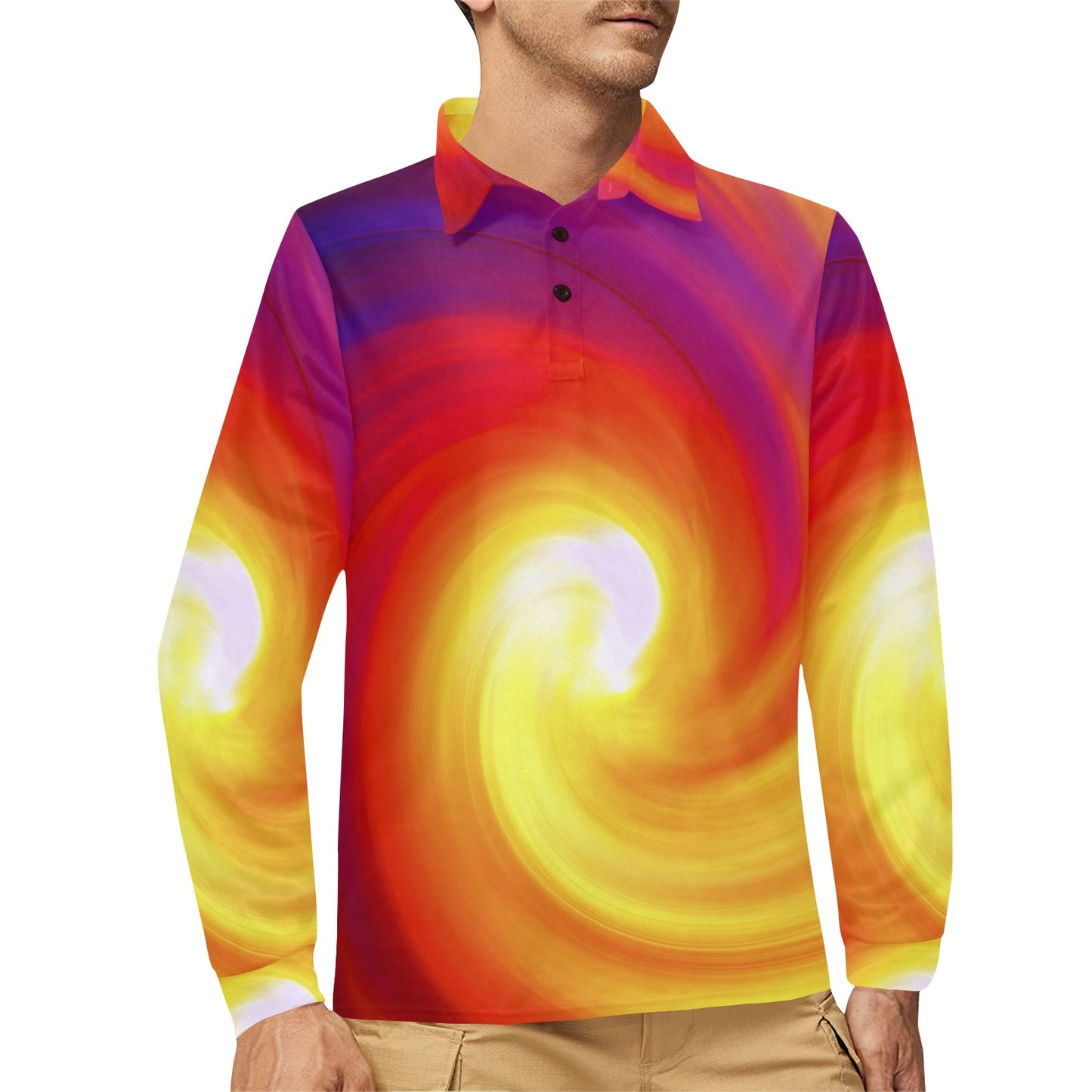 Vortex Twist Swirl Flame Themed Long Sleeve Polo Shirt For Men's
