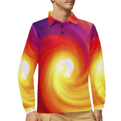 Vortex Twist Swirl Flame Themed Long Sleeve Polo Shirt For Men's