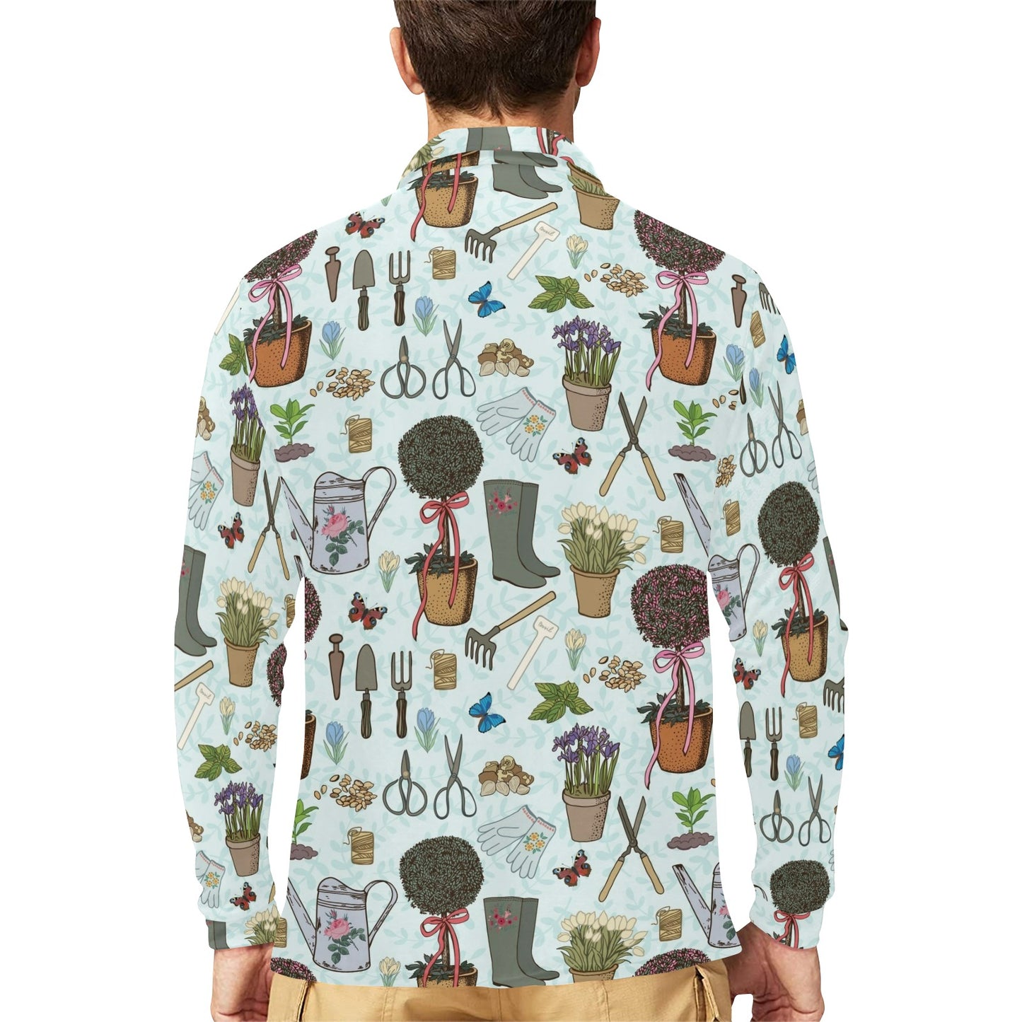 Gardening Pattern Print Design G01 Long Sleeve Polo Shirt For Men's