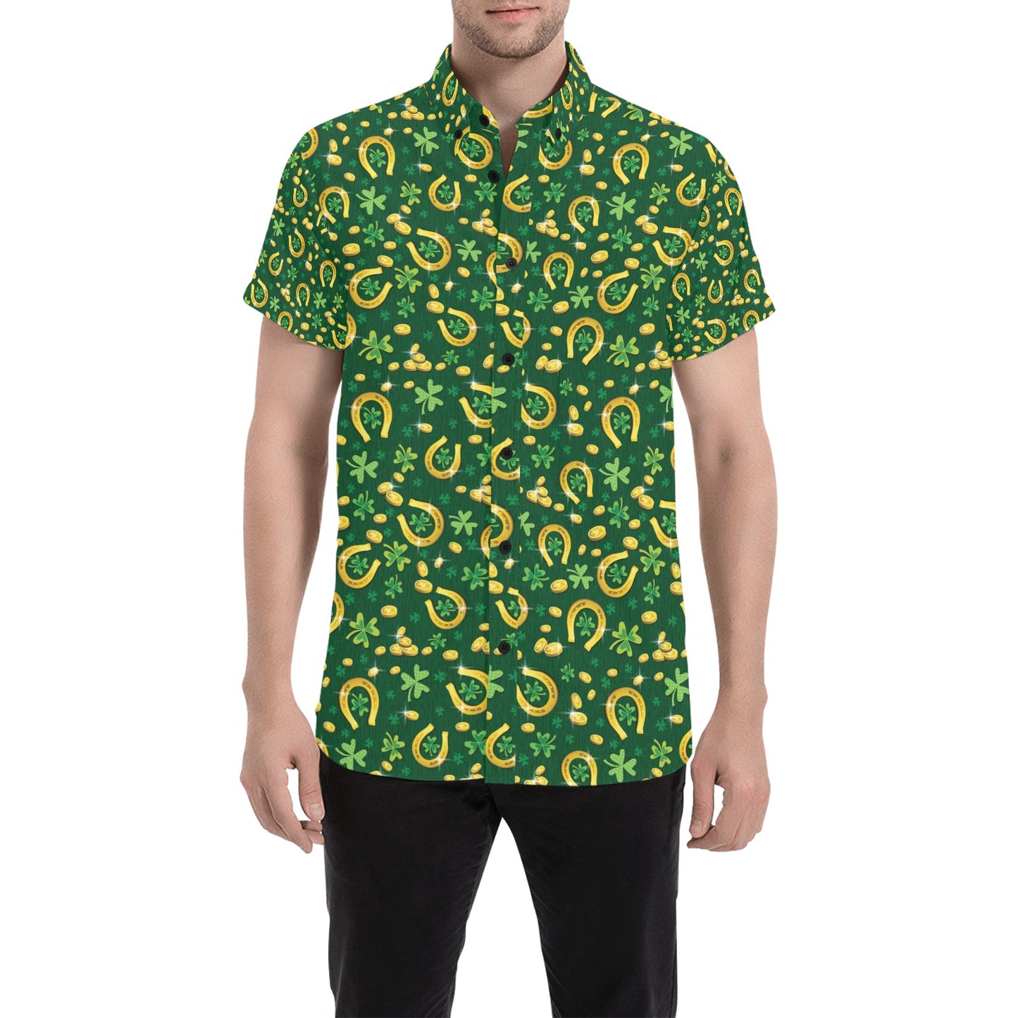 Shamrock Horse Shoes Saint Patrick's Day Print Design LKS307 Men Short Sleeve Button Up Shirt