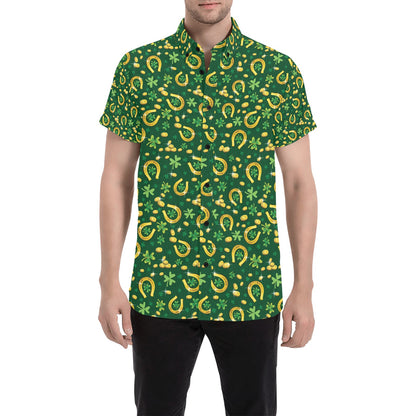 Shamrock Horse Shoes Saint Patrick's Day Print Design LKS307 Men Short Sleeve Button Up Shirt