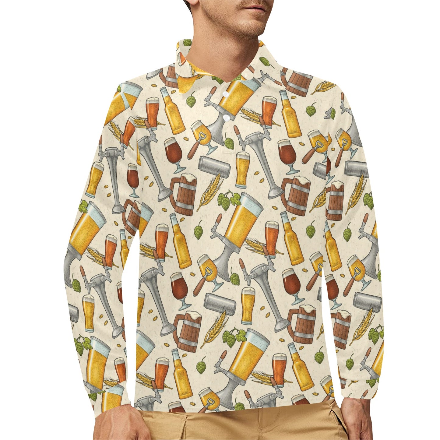 Beer Pattern Print Design 05 Long Sleeve Polo Shirt For Men's