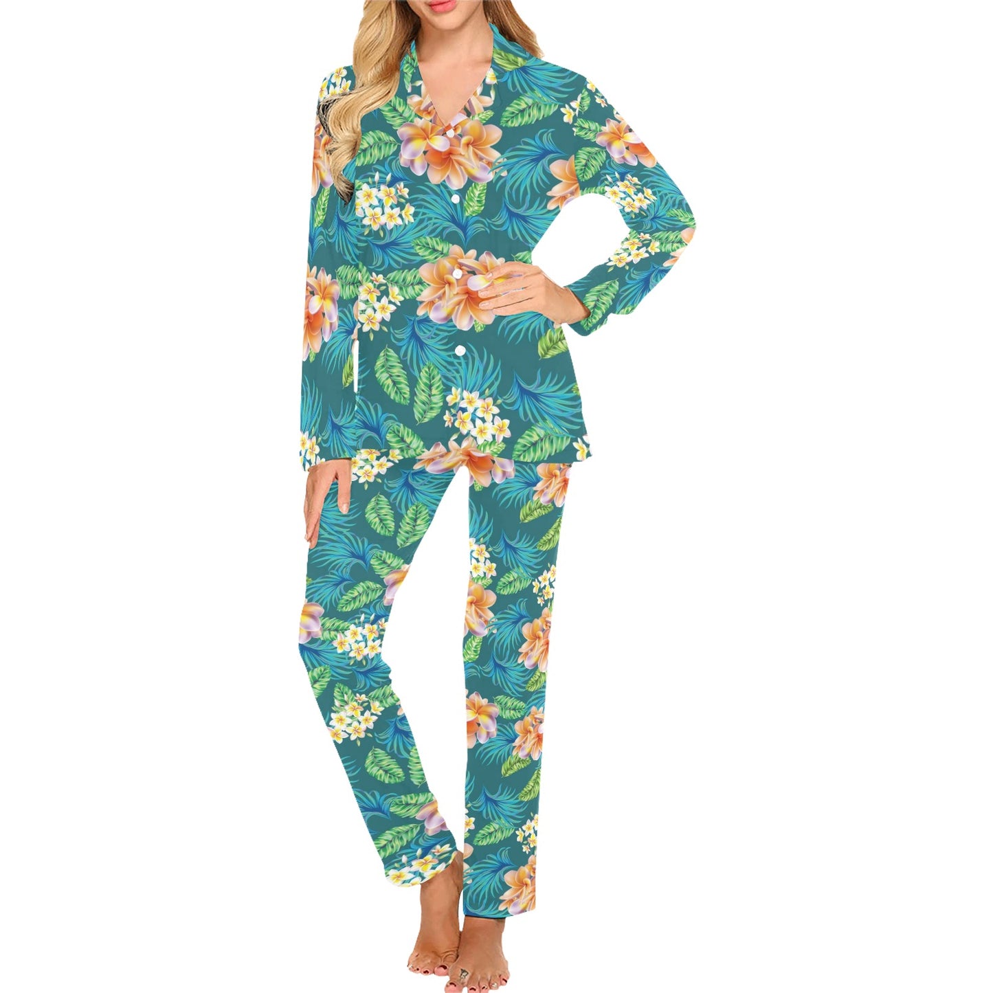 Plumeria Tropical Flower Design Print Women's Long Pajama Set