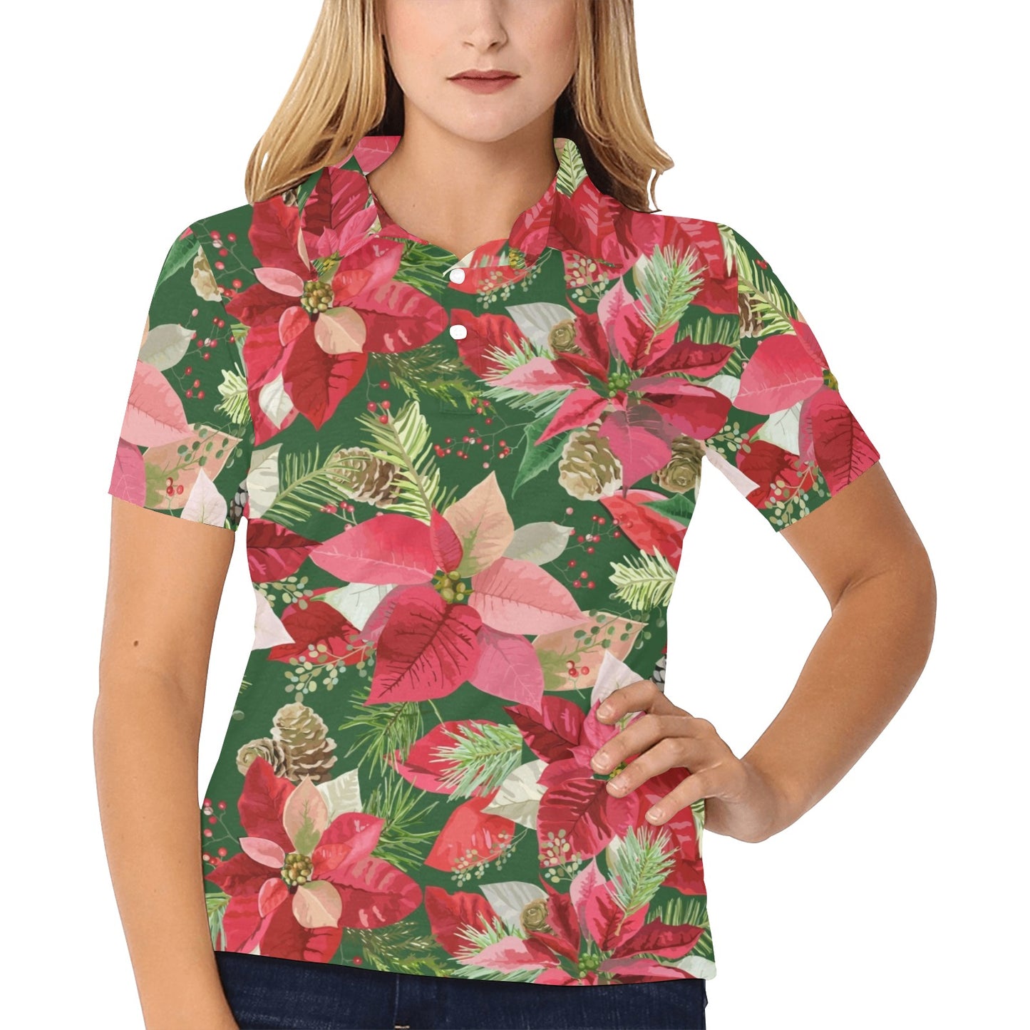 Poinsettia Pattern Print Design POT02 Women's Polo Shirt