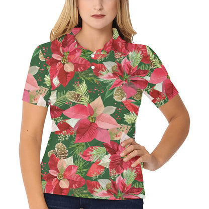 Poinsettia Pattern Print Design POT02 Women's Polo Shirt