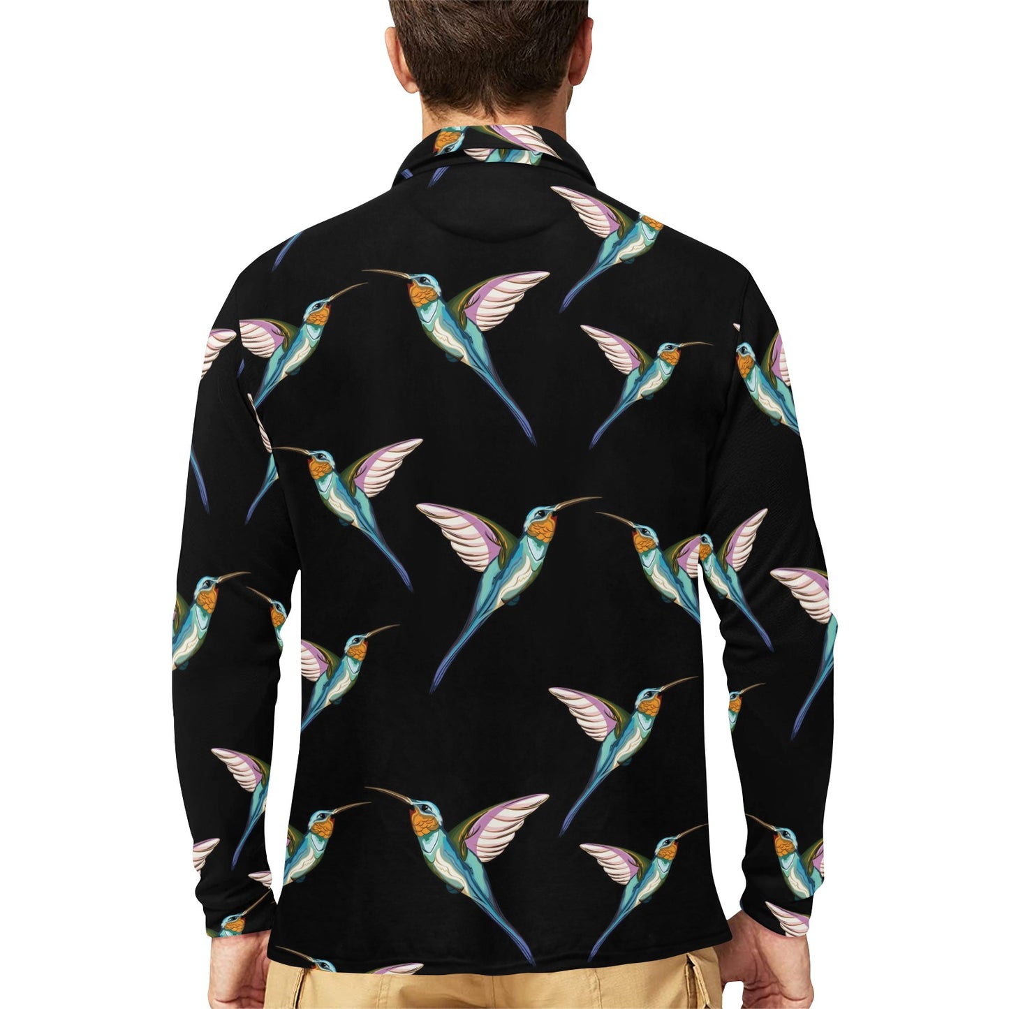 Hummingbird Pattern Print Design 06 Long Sleeve Polo Shirt For Men's