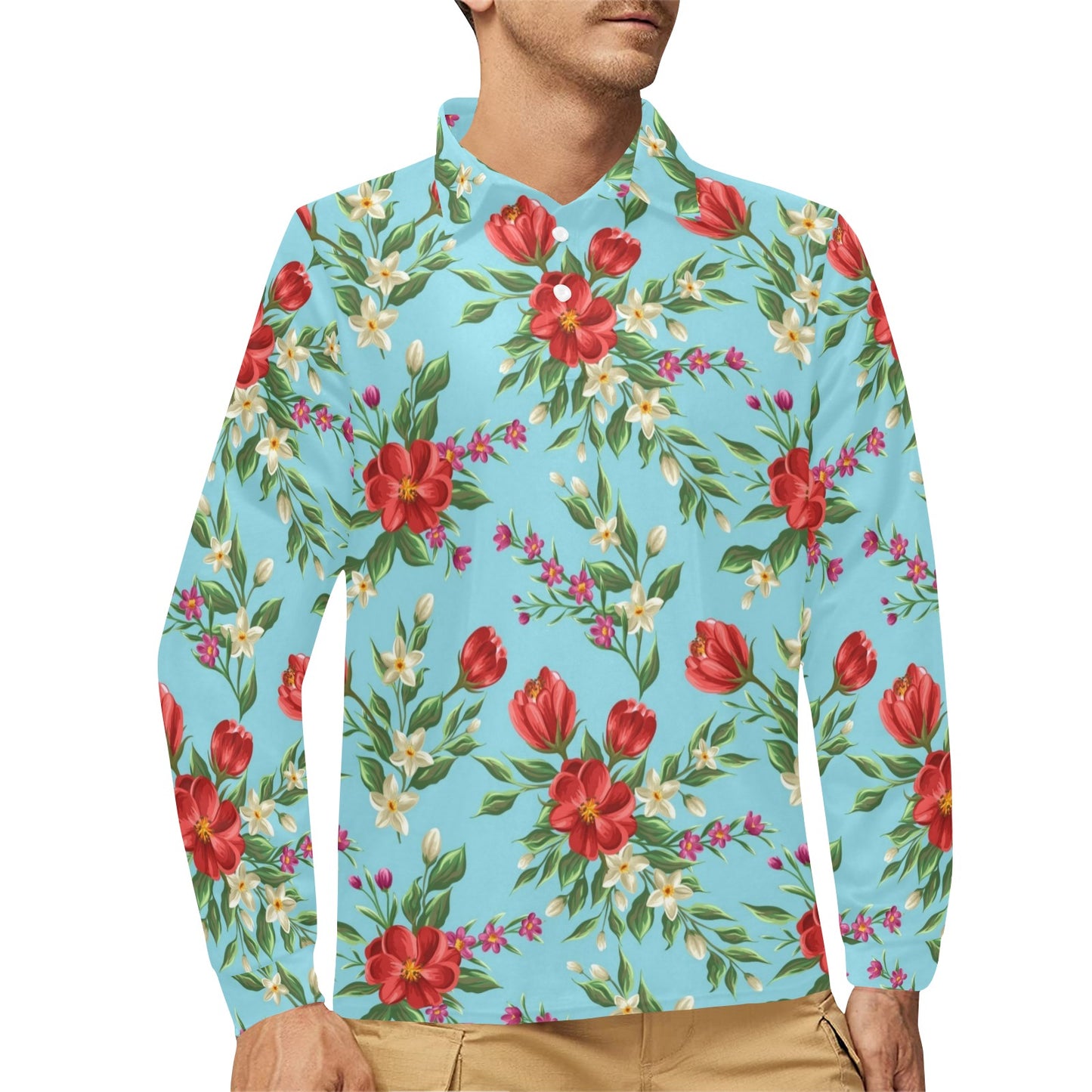 Summer Floral Pattern Print Design SF011 Long Sleeve Polo Shirt For Men's