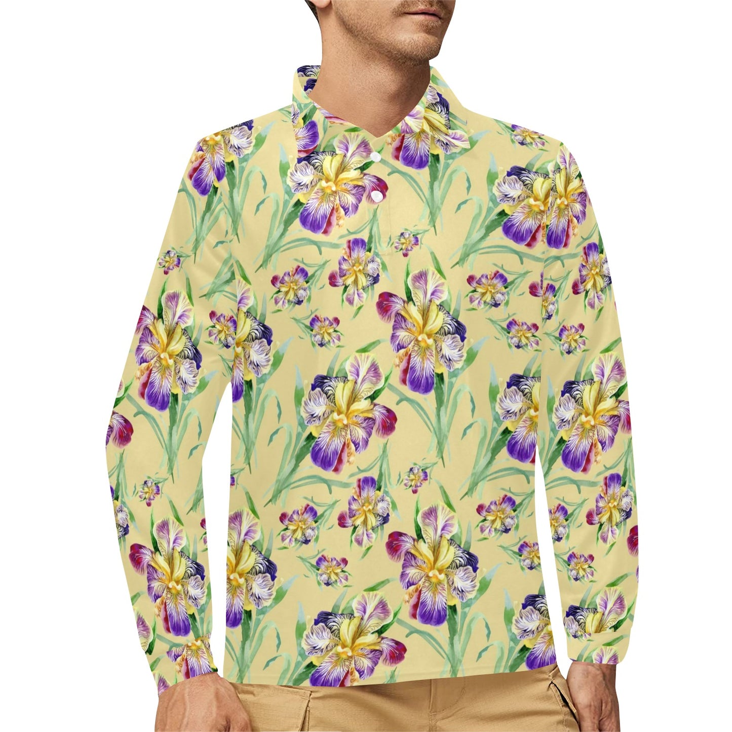 Iris Pattern Print Design IR06 Long Sleeve Polo Shirt For Men's