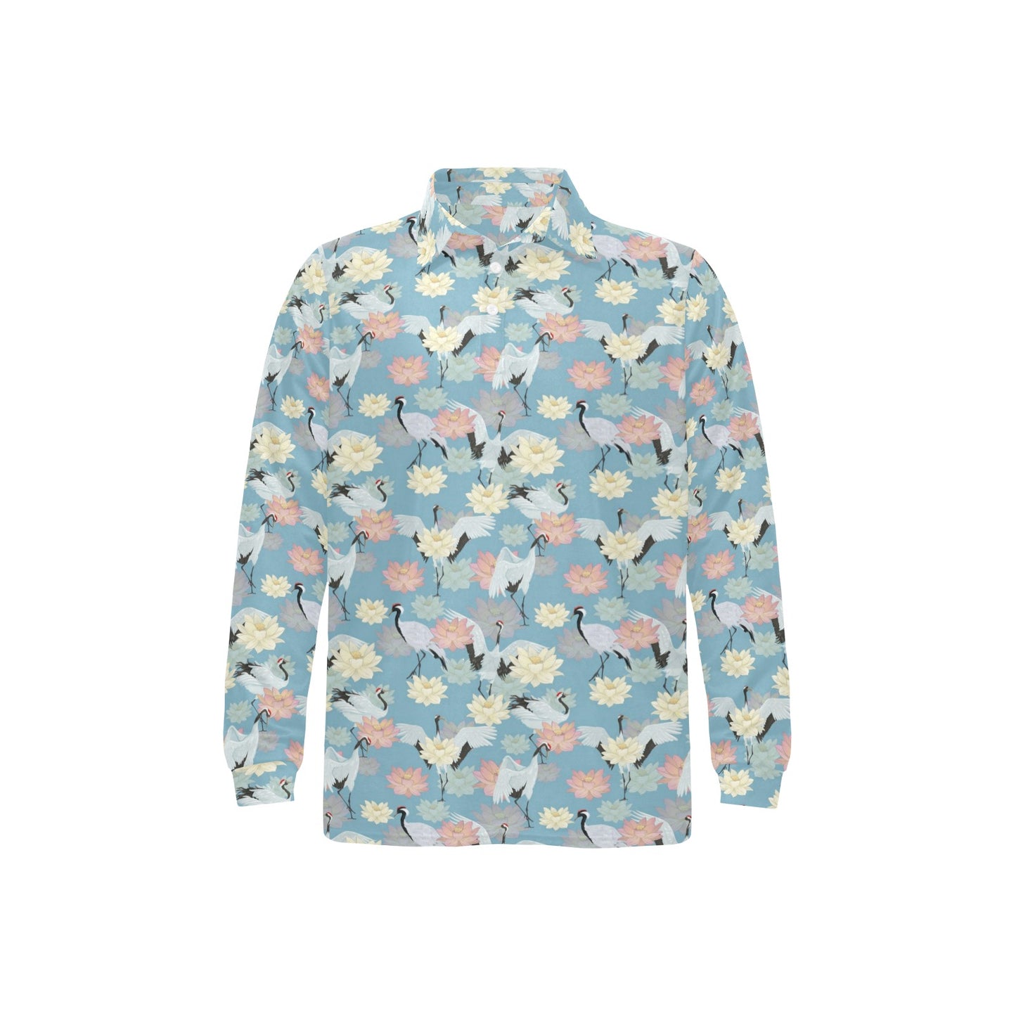 Water Lily Print Design LKS304 Long Sleeve Polo Shirt For Men's