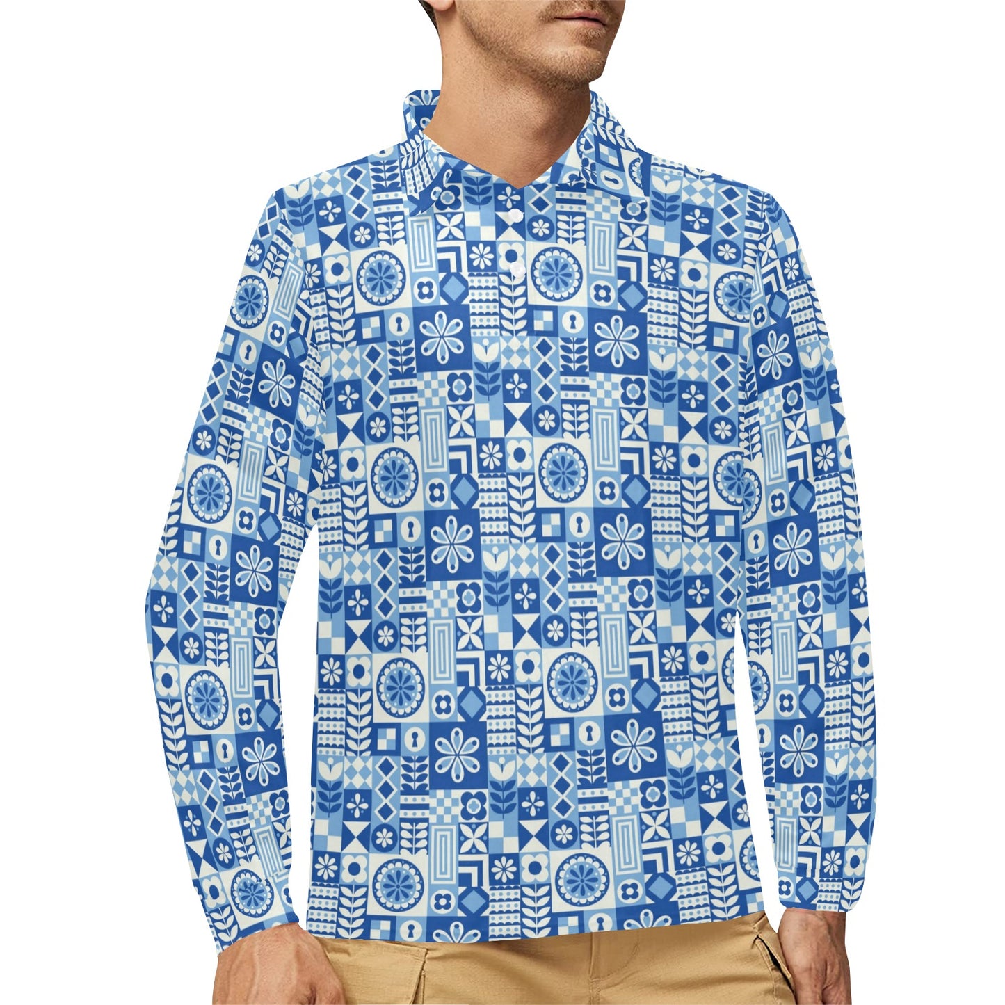 Swedish Print Pattern Long Sleeve Polo Shirt For Men's