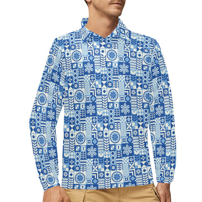 Swedish Print Pattern Long Sleeve Polo Shirt For Men's