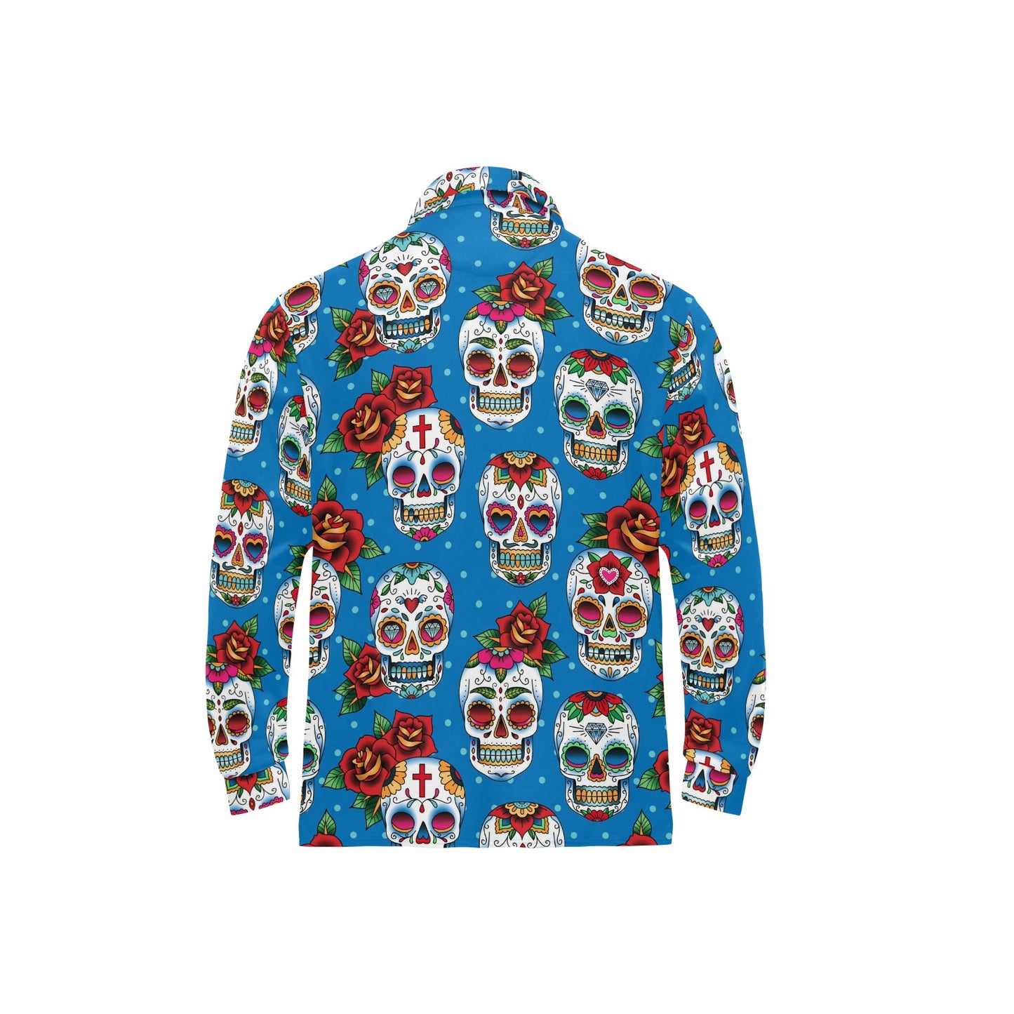 Sugar Skull Rose Pattern Long Sleeve Polo Shirt For Men's