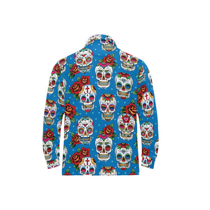 Sugar Skull Rose Pattern Long Sleeve Polo Shirt For Men's