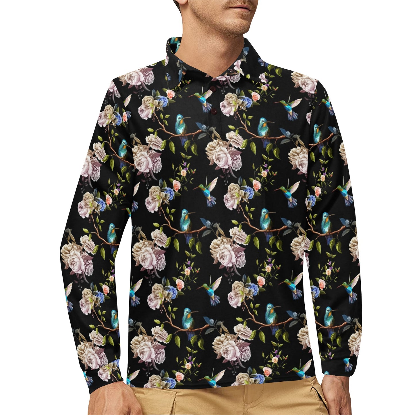 Hummingbird Flower Themed Print Long Sleeve Polo Shirt For Men's