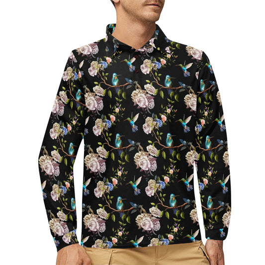 Hummingbird Flower Themed Print Long Sleeve Polo Shirt For Men's