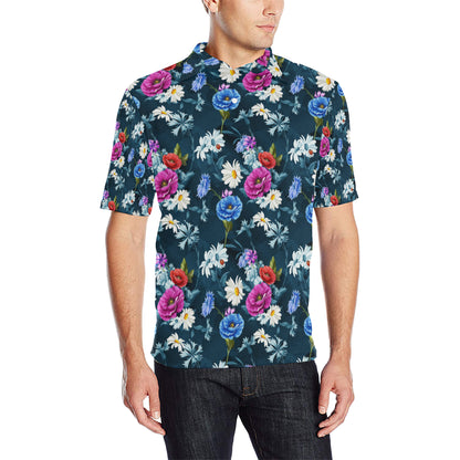 Floral Blue Themed Print Men Polo Shirt